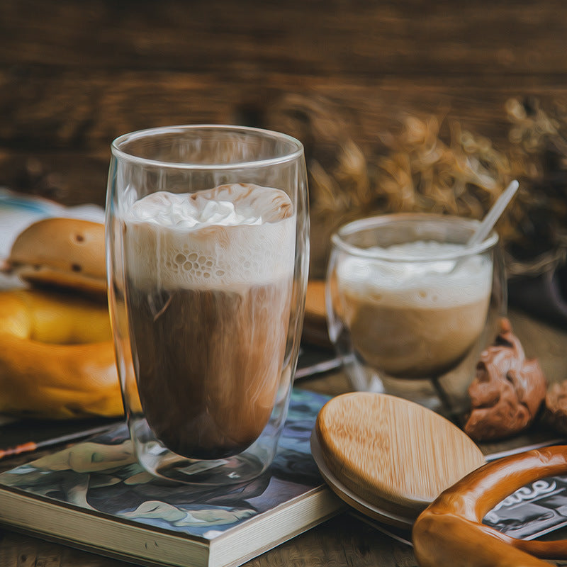 Tasse à café en verre résistant à la chaleur à double paroi avec couvercle fabriqué à la main