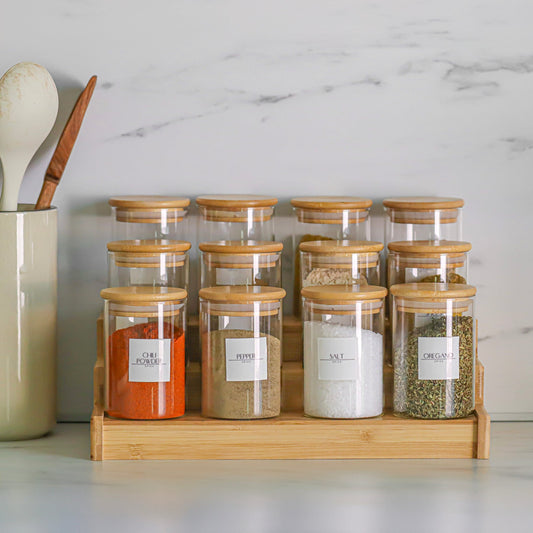 Lot de 12 pots à épices 300 ml avec support en bambou