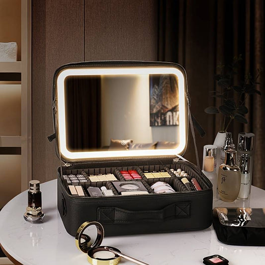Grande trousse de maquillage de voyage avec miroir éclairé par LED