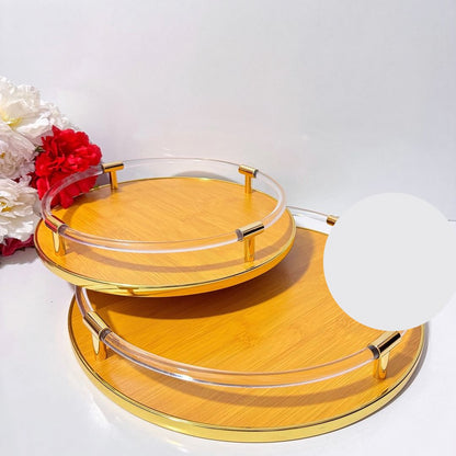 Ensemble de Plateaux Ronds en Bambou et Acrylique avec Accents Dorés