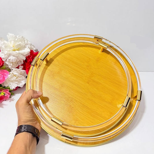 Ensemble de Plateaux Ronds en Bambou et Acrylique avec Accents Dorés