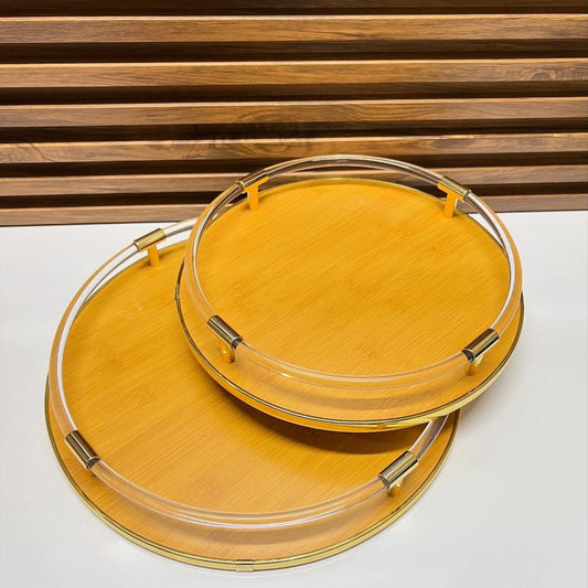 Ensemble de Plateaux Ronds en Bambou et Acrylique avec Accents Dorés