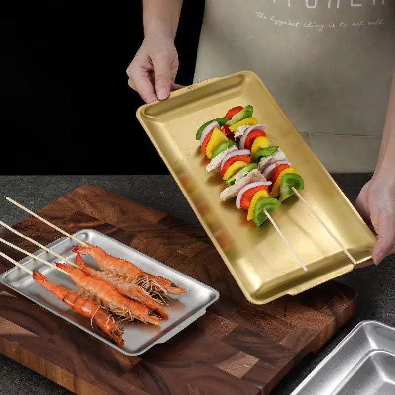 Assiette Rectangulaire en Acier Inoxydable 304 Dorée – Assiette à Légumes & Sushi de Style Coréen Épaissie ✨