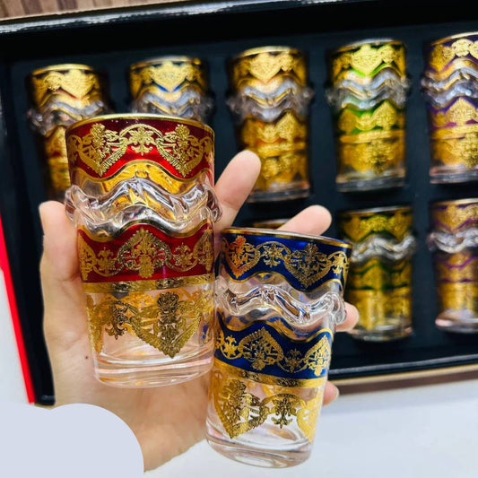 Coffret de 12 Verres Marocains en Verre Coloré & Dorure Artisanale