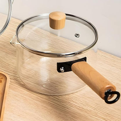 Casserole en verre résistante à la chaleur avec couvercle et poignée en bois pour soupe