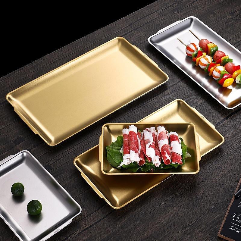 Assiette Rectangulaire en Acier Inoxydable 304 Dorée – Assiette à Légumes & Sushi de Style Coréen Épaissie ✨