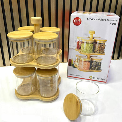 Ensemble de 8 Bocaux en Verre avec Support Rotatif en Bambou