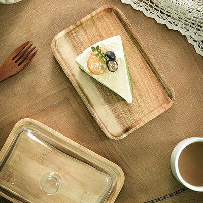 Assiette à gâteau rectangulaire en bois avec couvercle en verre