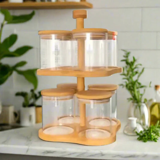 Ensemble de 8 Bocaux en Verre avec Support Rotatif en Bambou
