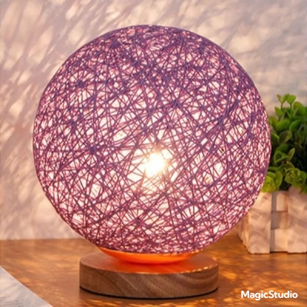 Lampe LED Moderne en Bois Massif avec Boule de Rotin