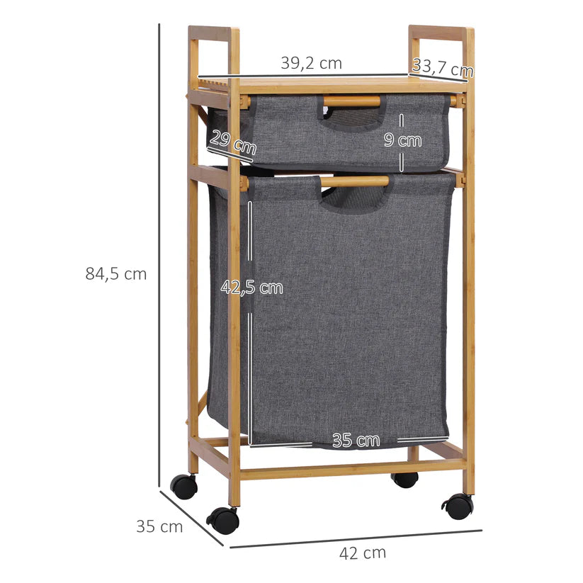 Panier à linge en bambou avec 2 sacs en tissu amovibles