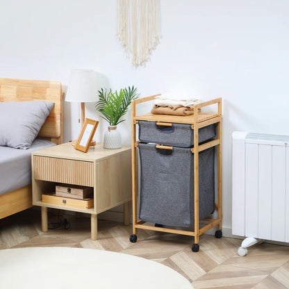 Panier à linge en bambou avec 2 sacs en tissu amovibles