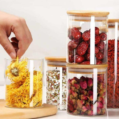 Lot de pots hermétiques en verre avec couvercle en bois , 7 pièces avec support