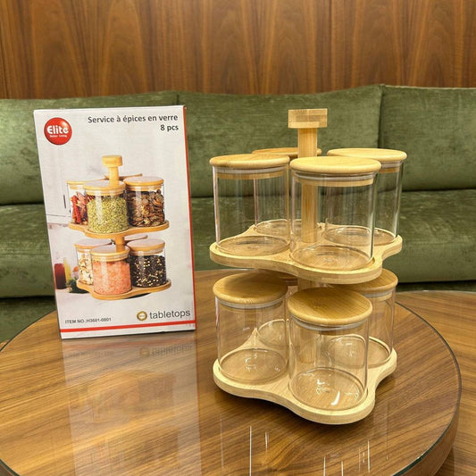 Ensemble de 8 Bocaux en Verre avec Support Rotatif en Bambou