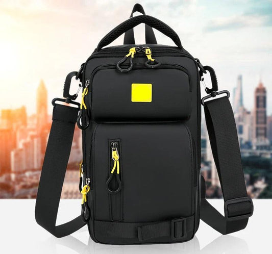 Sac à bandoulière rechargeable multifonctionnel en polyester imperméable.