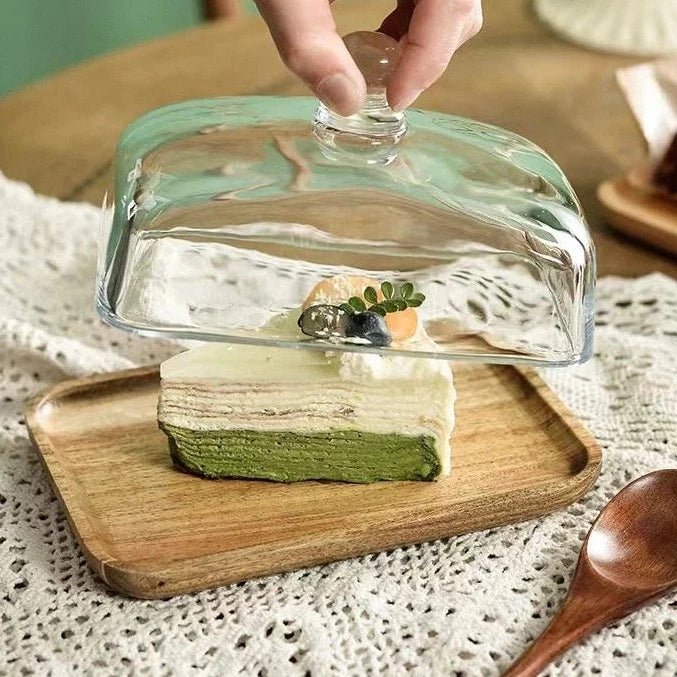 Assiette à gâteau rectangulaire en bois avec couvercle en verre