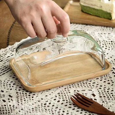 Assiette à gâteau rectangulaire en bois avec couvercle en verre