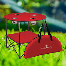 Table de camping portable pliable avec porte-gobelets et sac de transport pour camping.