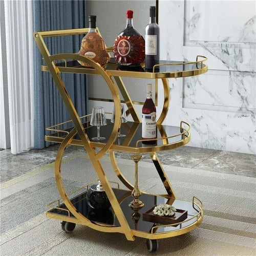 Chariot de service avec roues, plateau en verre