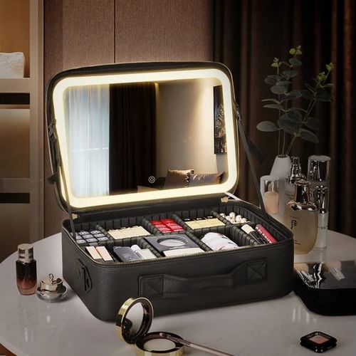 Grande trousse de maquillage de voyage avec miroir éclairé par LED