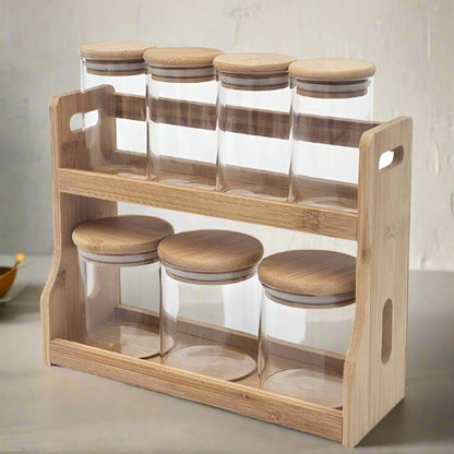 Lot de pots hermétiques en verre avec couvercle en bois , 7 pièces avec support