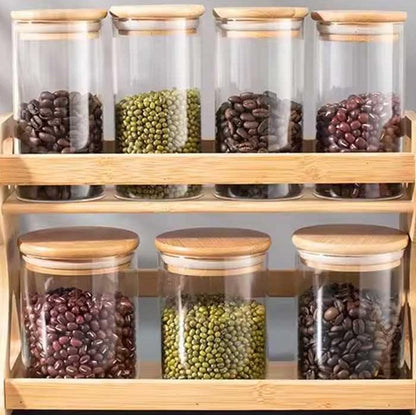 Lot de pots hermétiques en verre avec couvercle en bois , 7 pièces avec support