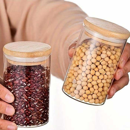 Lot de pots hermétiques en verre avec couvercle en bois , 7 pièces avec support