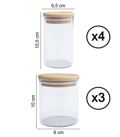 Lot de pots hermétiques en verre avec couvercle en bois , 7 pièces avec support
