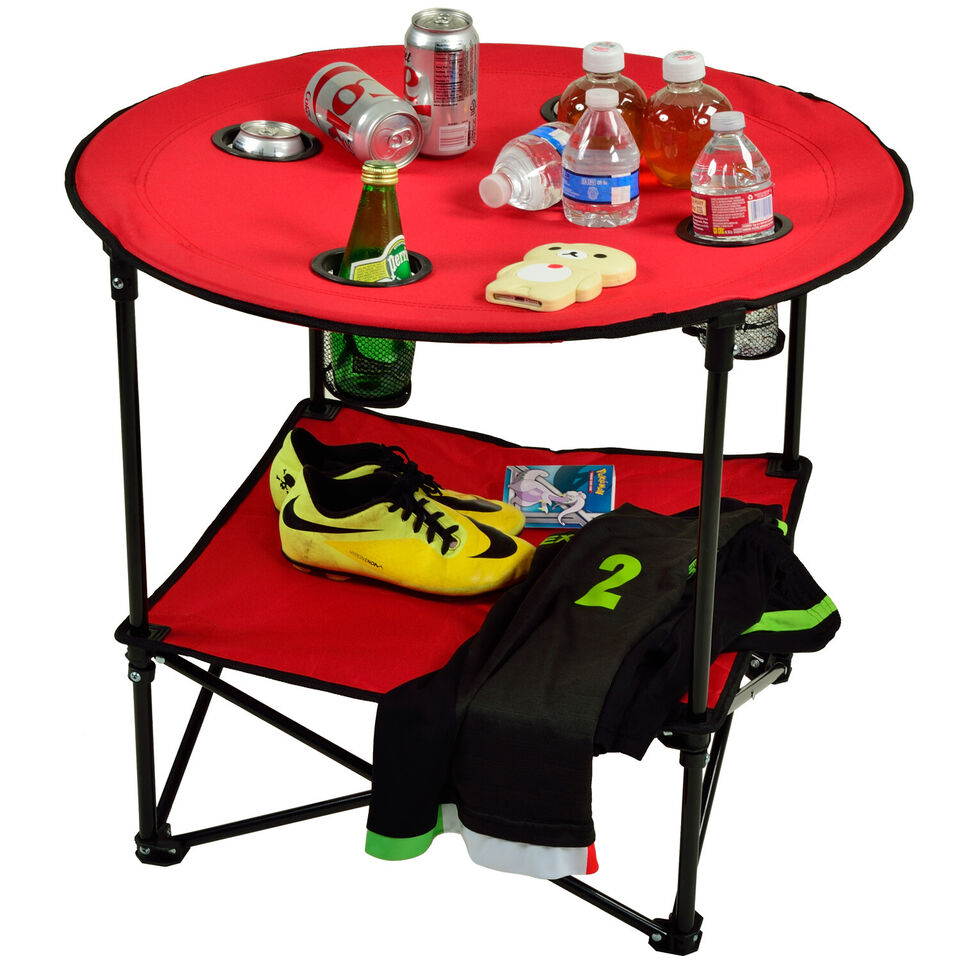 Table de camping portable pliable avec porte-gobelets et sac de transport pour camping.