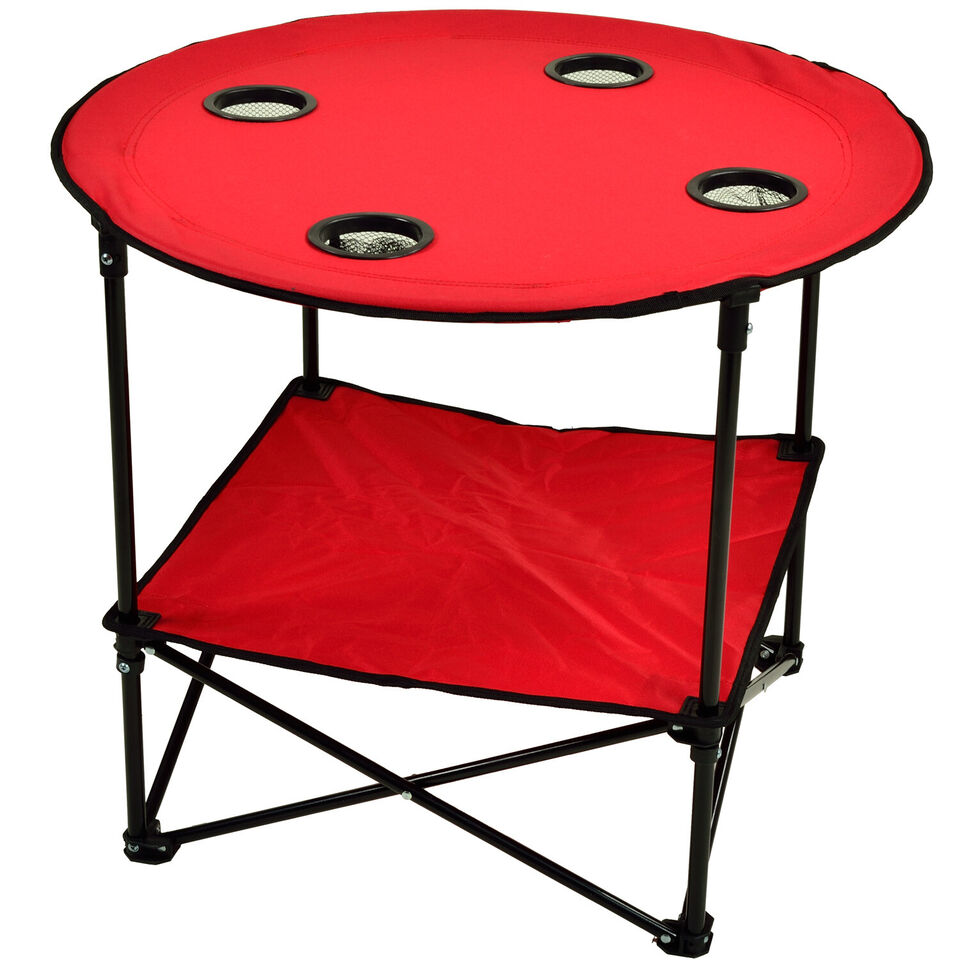 Table de camping portable pliable avec porte-gobelets et sac de transport pour camping.