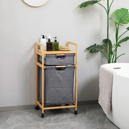 Panier à linge en bambou avec 2 sacs en tissu amovibles
